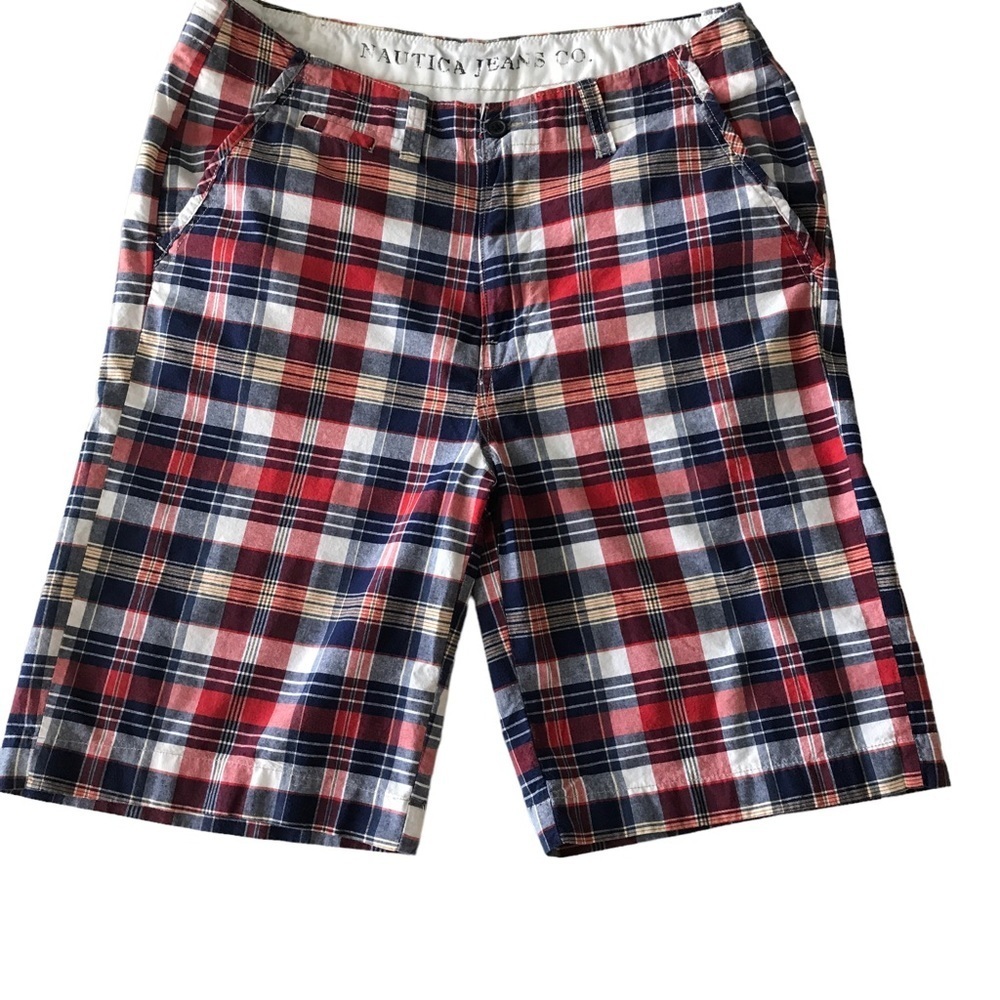 Nautica plaid shorts size 34 in colors of red, navy, burgundy & yellow